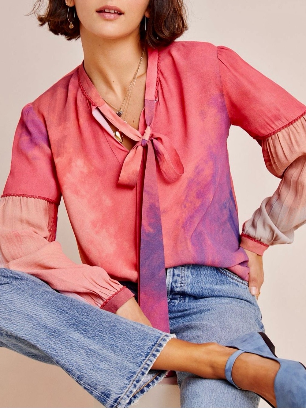 Anthropologie Blank London Multicolor Tie-Dye Tie-Neck Long Sleeve Top Medium